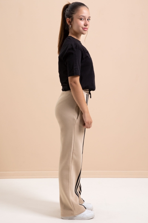 Bej Önü Şeritli Geniş Paça Şardonlu  Kız Çocuk Basic Eşofman Altı 21276