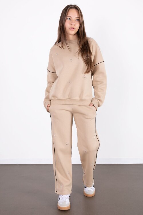 Bej Payet İşlemeli Şardonlu Kız Çocuk 2li Eşofman Takımı 21427