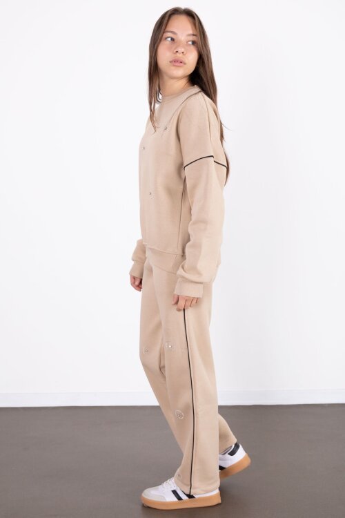 Bej Payet İşlemeli Şardonlu Kız Çocuk 2li Eşofman Takımı 21427