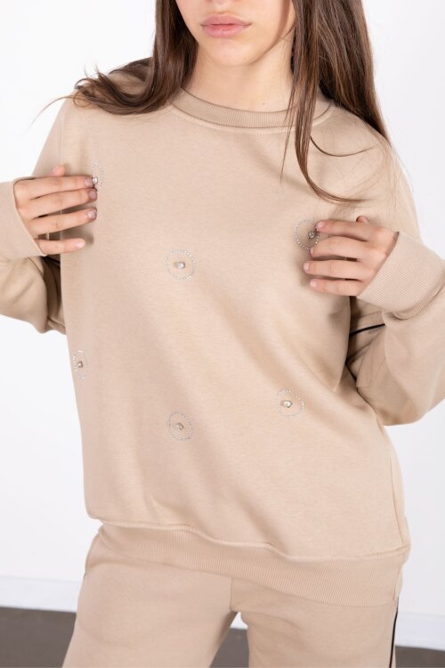 Bej Payet İşlemeli Şardonlu Kız Çocuk 2li Eşofman Takımı 21427