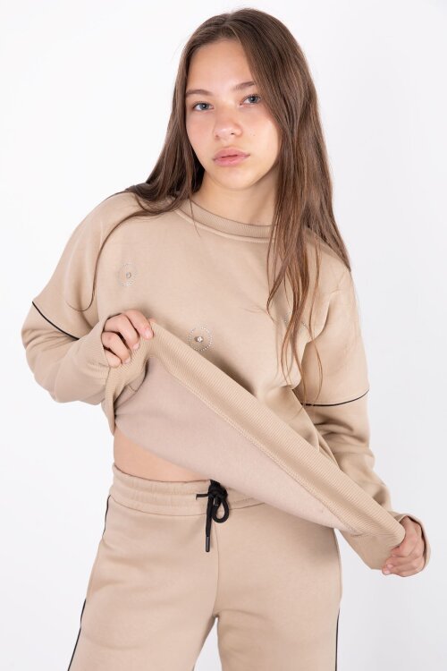 Bej Payet İşlemeli Şardonlu Kız Çocuk 2li Eşofman Takımı 21427