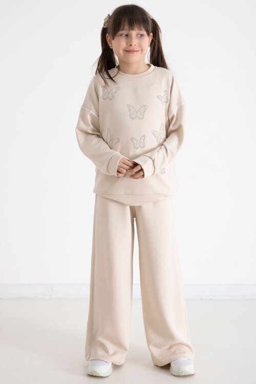 Bej Payetli Kelebek İşlemeli Geniş Paça Kız Çocuk Eşofman Takımı 22736