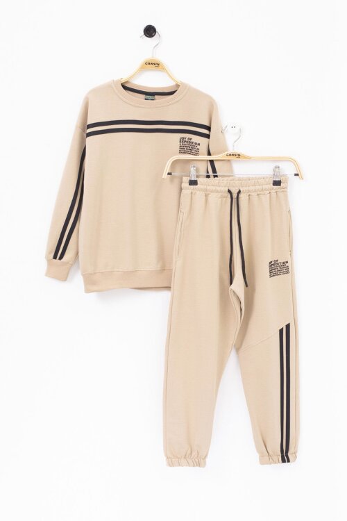 Bej Şerit Detaylı Bisiklet Yaka Erkek Çocuk Basic Eşofman Takımı 21263