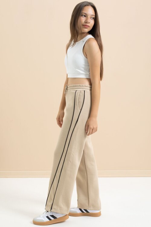 Bej Yanları Şeritli Geniş Paça Kız Çocuk Şardonlu Eşofman Altı 21468