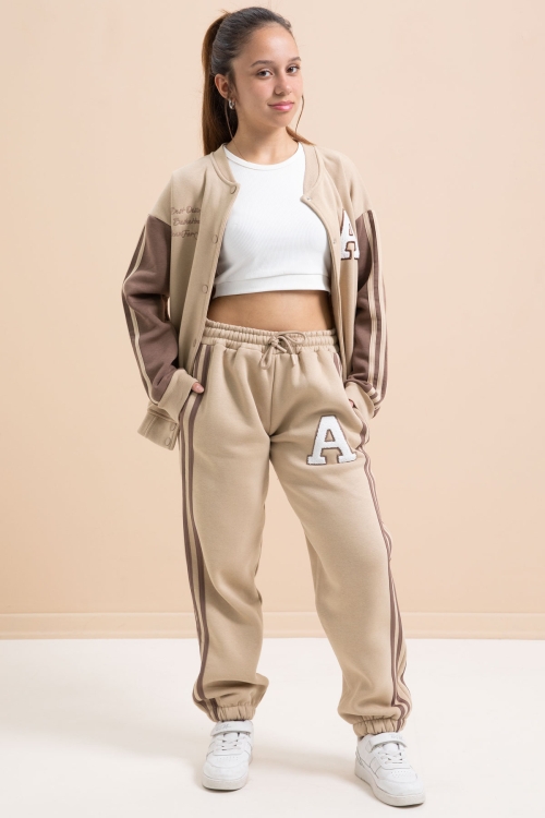 Bej Yazılı Kolej Ceketli Kız Çocuk Şeritli 3 İplik Şardonlu Eşofman Takımı 21298