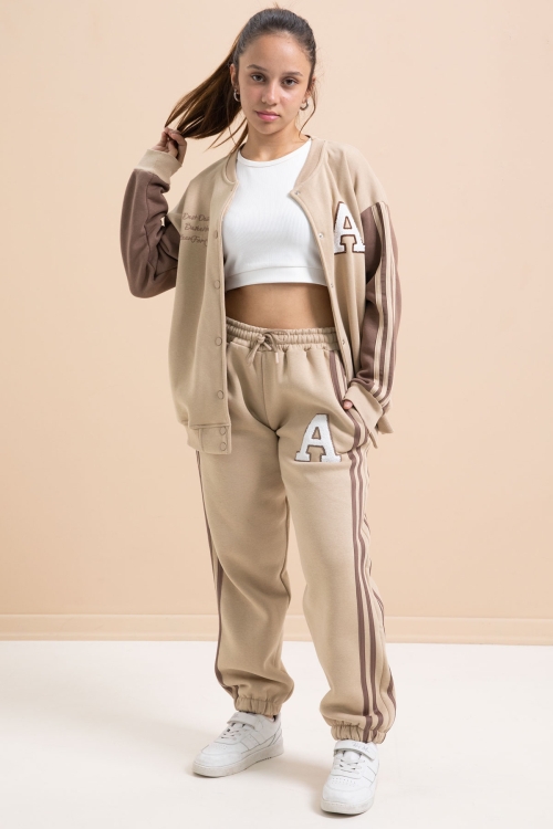 Bej Yazılı Kolej Ceketli Kız Çocuk Şeritli 3 İplik Şardonlu Eşofman Takımı 21298