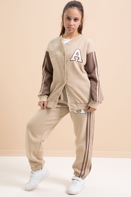 Bej Yazılı Kolej Ceketli Kız Çocuk Şeritli 3 İplik Şardonlu Eşofman Takımı 21298