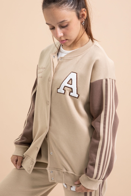 Bej Yazılı Kolej Ceketli Kız Çocuk Şeritli 3 İplik Şardonlu Eşofman Takımı 21298