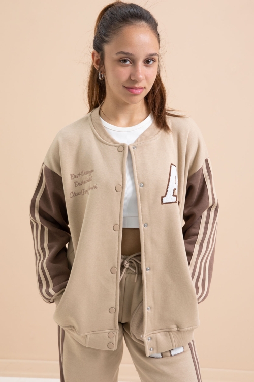 Bej Yazılı Kolej Ceketli Kız Çocuk Şeritli 3 İplik Şardonlu Eşofman Takımı 21298