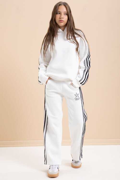 Beyaz 3 İplik Şardonlu Şeritli Dantel  Detaylı Kız Çocuk Kapüşonlu Eşofman Takımı  22720