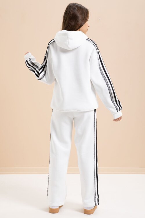 Beyaz 3 İplik Şardonlu Şeritli Dantel  Detaylı Kız Çocuk Kapüşonlu Eşofman Takımı  22720