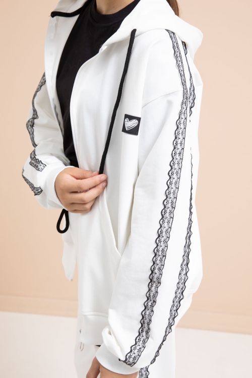 Beyaz Dantel Şeritli Hırkalı Kız Çocuk 2li Eşofman Takımı 21246