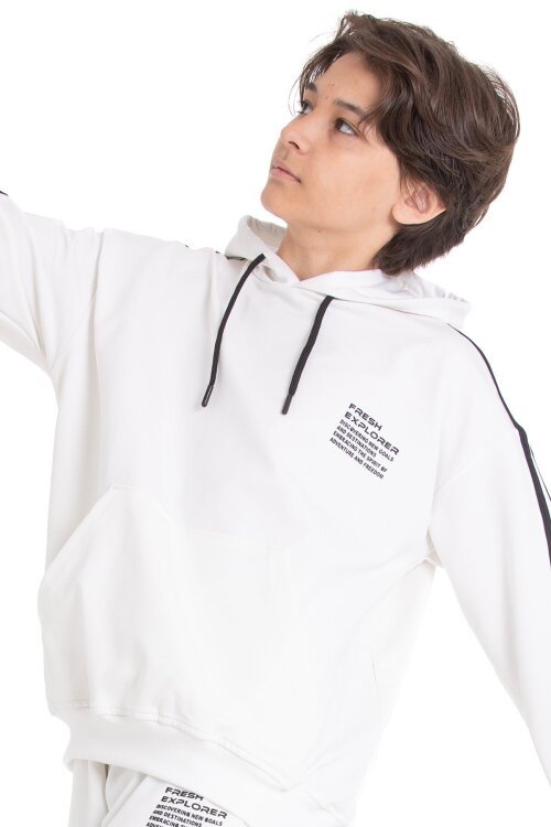 Beyaz Erkek Çocuk Kolları Şerit Detaylı Kanguru Cepli Kapüşonlu Sweatshirt 21496