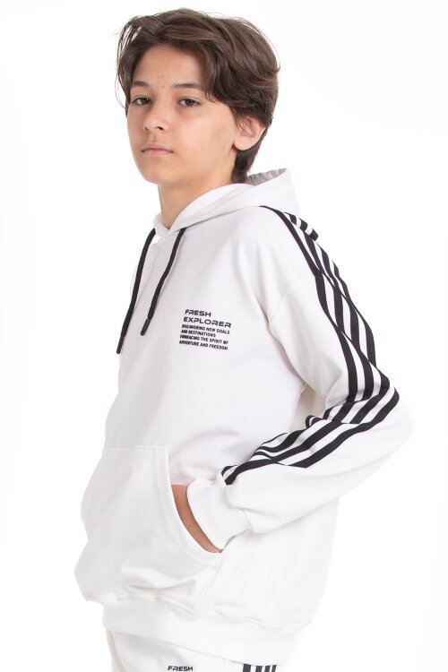 Beyaz Erkek Çocuk Kolları Şerit Detaylı Kanguru Cepli Kapüşonlu Sweatshirt 21496