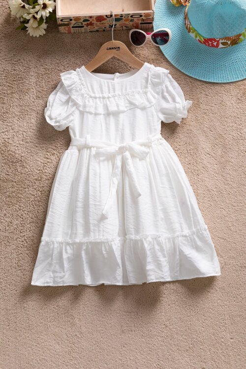 Beyaz Fırfır Detaylı Kısa Kol Kız Çocuk Pileli Elbise  22652