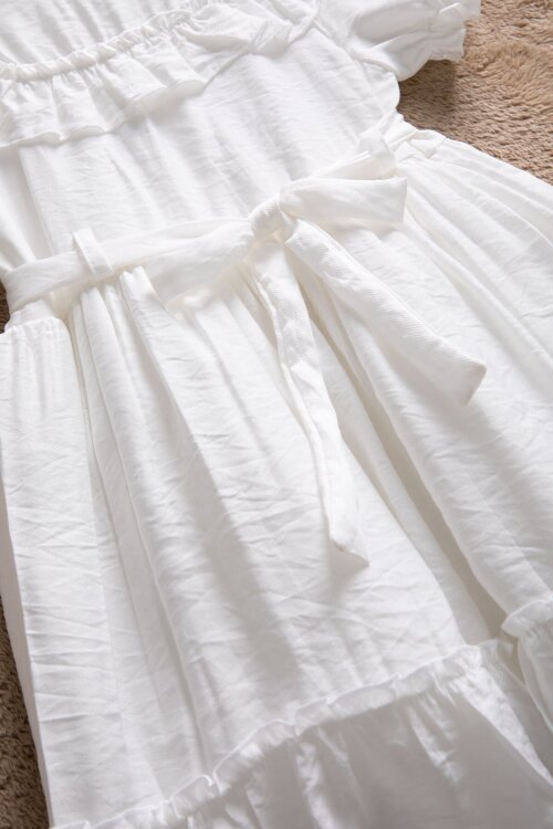 Beyaz Fırfır Detaylı Kısa Kol Kız Çocuk Pileli Elbise  22652