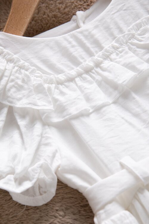 Beyaz Fırfır Detaylı Kısa Kol Kız Çocuk Pileli Elbise  22652