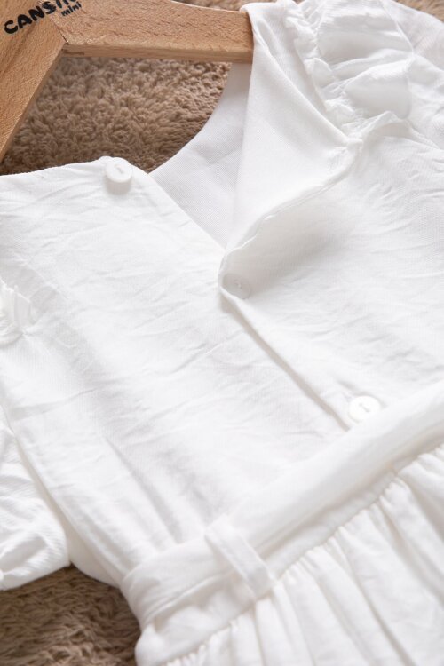 Beyaz Fırfır Detaylı Kısa Kol Kız Çocuk Pileli Elbise  22652