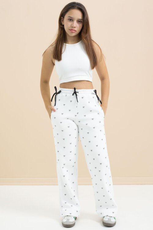 Beyaz Fiyonk Baskılı Geniş Paça Kız Çocuk Şardonlu Eşofman Altı 23426