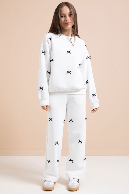 Beyaz Fiyonk Nakışlı Bisiklet Yaka Kız Çocuk Şardonlu Eşofman Takımı 21289