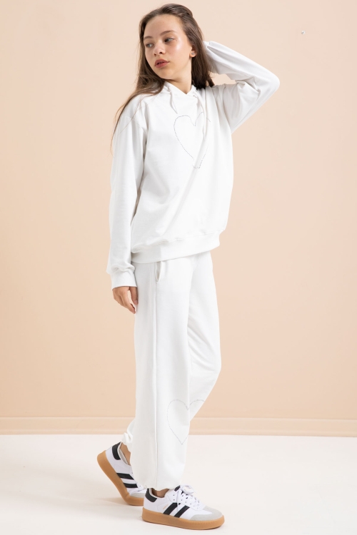 Beyaz Kalp Desenli Kapüşonlu Kız Çocuk Eşofman Takımı 21257