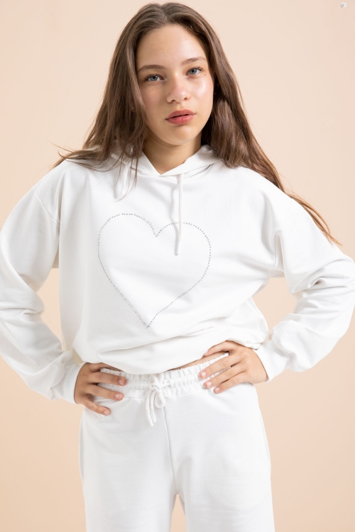 Beyaz Kalp Desenli Kapüşonlu Kız Çocuk Eşofman Takımı 21257