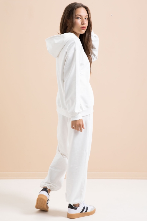 Beyaz Kalp Desenli Kapüşonlu Kız Çocuk Eşofman Takımı 21257