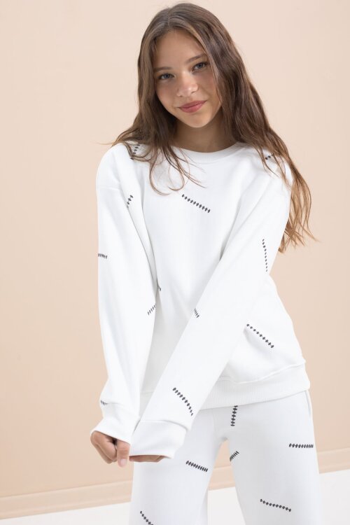 Beyaz Kız Çocuk Desenli 3 İplik Şardonlu Geniş Paça Eşofman Takımı 22644