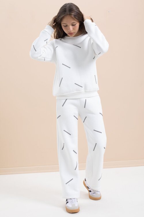 Beyaz Kız Çocuk Desenli 3 İplik Şardonlu Geniş Paça Eşofman Takımı 22644