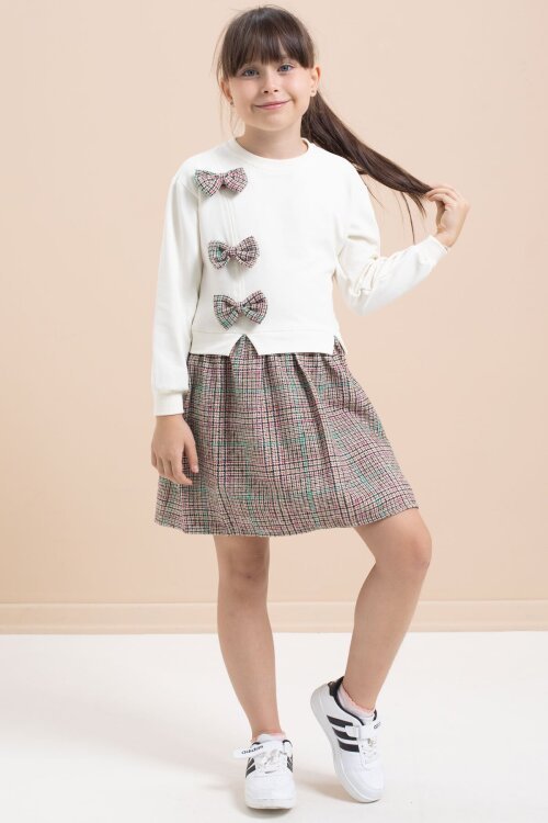 Beyaz Kız Çocuk Fiyonk Detaylı Ekose Etekli Elbise 21533