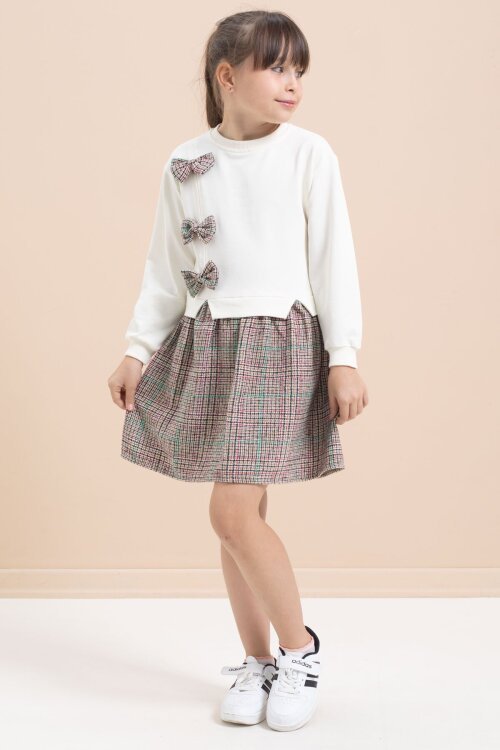 Beyaz Kız Çocuk Fiyonk Detaylı Ekose Etekli Elbise 21533