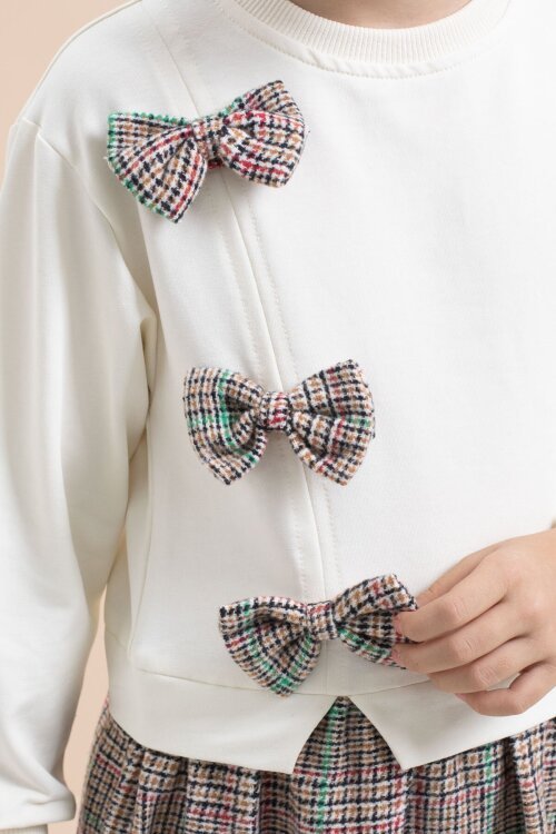 Beyaz Kız Çocuk Fiyonk Detaylı Ekose Etekli Elbise 21533