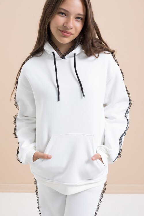 Beyaz Kız Çocuk Şardonlu Dantel Detaylı 3 İplik Takım 21504