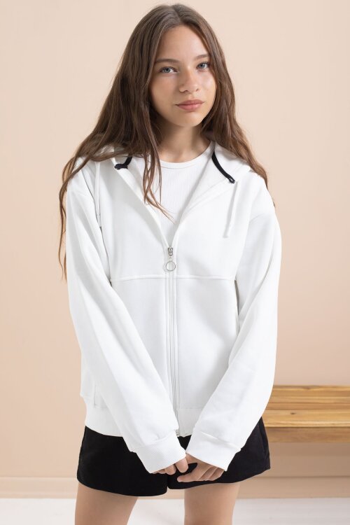 Beyaz Kız Çocuk Şardonlu Kapüşonlu Hırka 21520