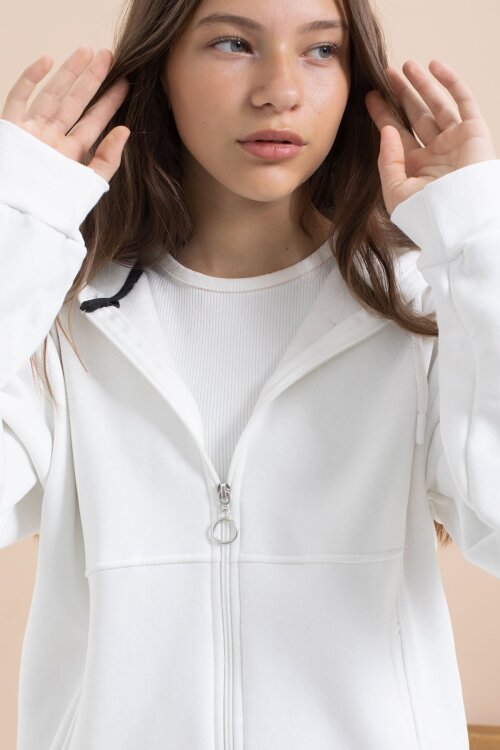 Beyaz Kız Çocuk Şardonlu Kapüşonlu Hırka 21520