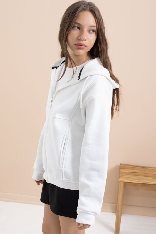 Beyaz Kız Çocuk Şardonlu Kapüşonlu Hırka 21520