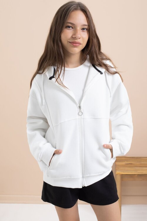 Beyaz Kız Çocuk Şardonlu Kapüşonlu Hırka 21520