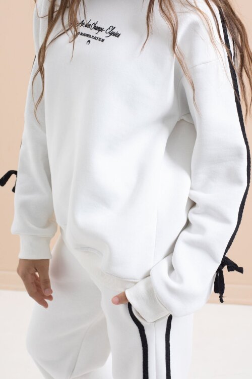 Beyaz Kız Çocuk Şerit Detaylı 3 İplik Şardonlu Takım 21514