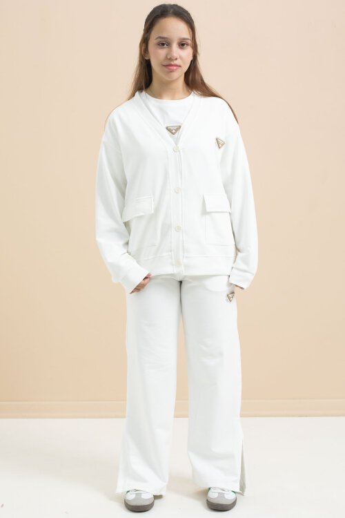 Beyaz Logo Detaylı Düğmeli Hırkalı kız Çocuk Yırtmaçlı 3lü Atl-Üst Takım 21375