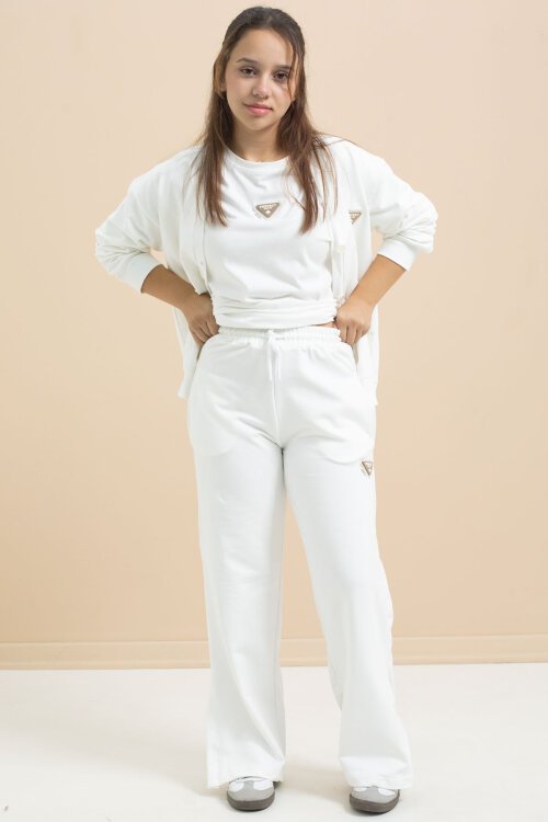 Beyaz Logo Detaylı Düğmeli Hırkalı kız Çocuk Yırtmaçlı 3lü Atl-Üst Takım 21375