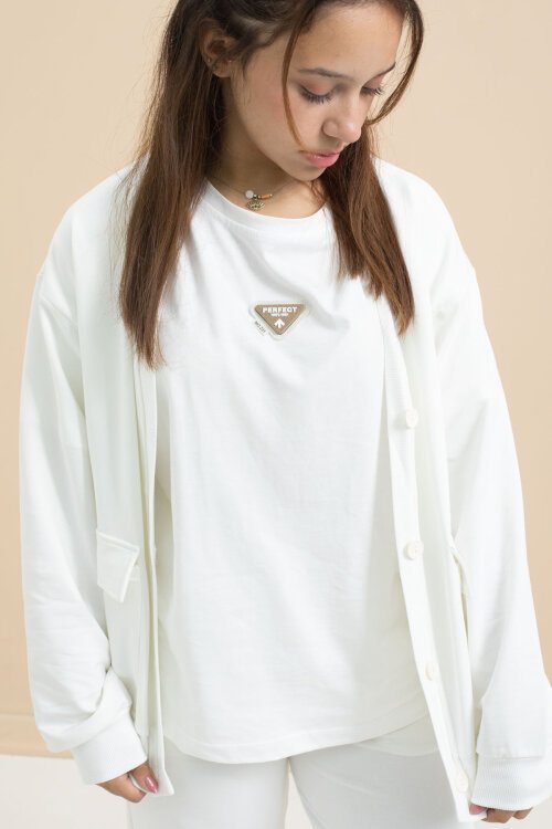 Beyaz Logo Detaylı Düğmeli Hırkalı kız Çocuk Yırtmaçlı 3lü Atl-Üst Takım 21375