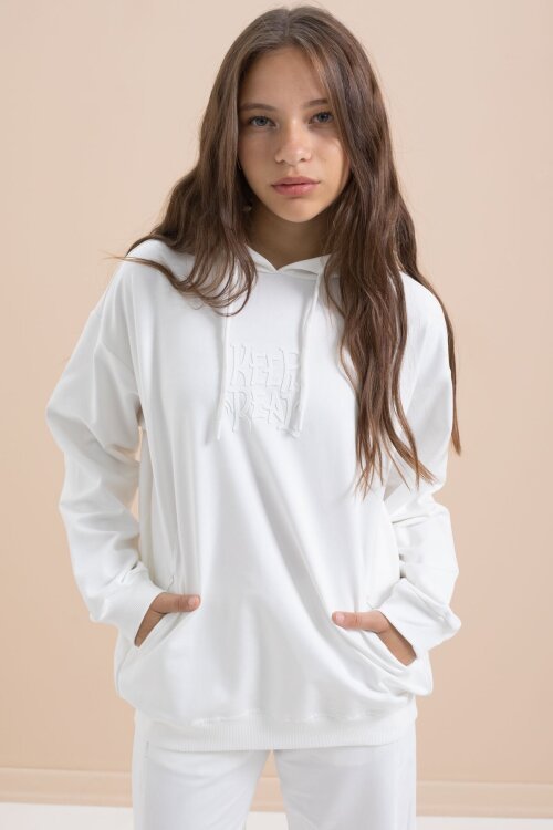 Beyaz Yazı Baskılı Kapüşonlu Geniş Paça Kız Çocuk Eşofman Takımı 21433