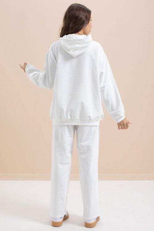 Beyaz Yazı Baskılı Kapüşonlu Geniş Paça Kız Çocuk Eşofman Takımı 21433