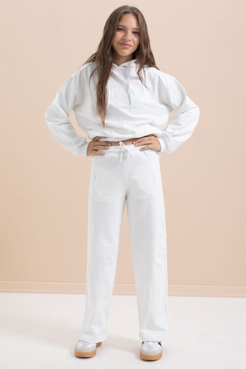 Beyaz Yazı Baskılı Kapüşonlu Geniş Paça Kız Çocuk Eşofman Takımı 21433