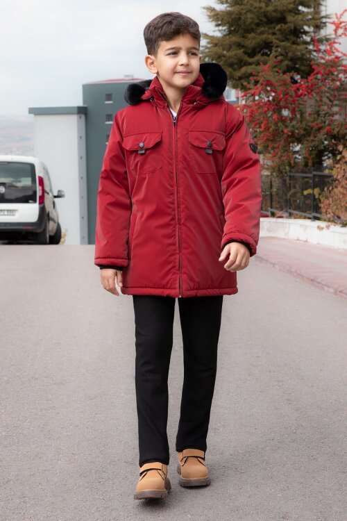 Bordo Çıtçıtlı Göğüs Cepli İçi Kürklü Erkek Çocuk Kapüşonlu Mont 21350