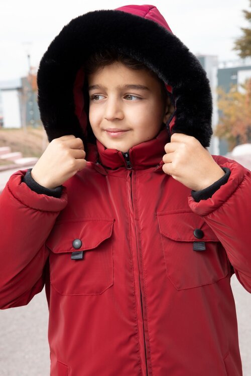 Bordo Çıtçıtlı Göğüs Cepli İçi Kürklü Erkek Çocuk Kapüşonlu Mont 21350
