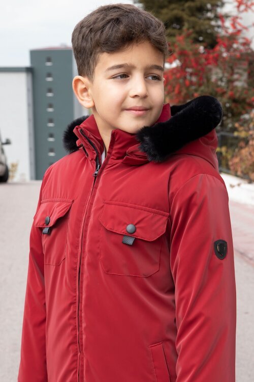 Bordo Çıtçıtlı Göğüs Cepli İçi Kürklü Erkek Çocuk Kapüşonlu Mont 21350