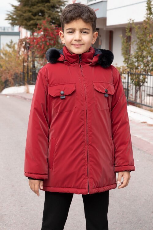 Bordo Çıtçıtlı Göğüs Cepli İçi Kürklü Erkek Çocuk Kapüşonlu Mont 21350