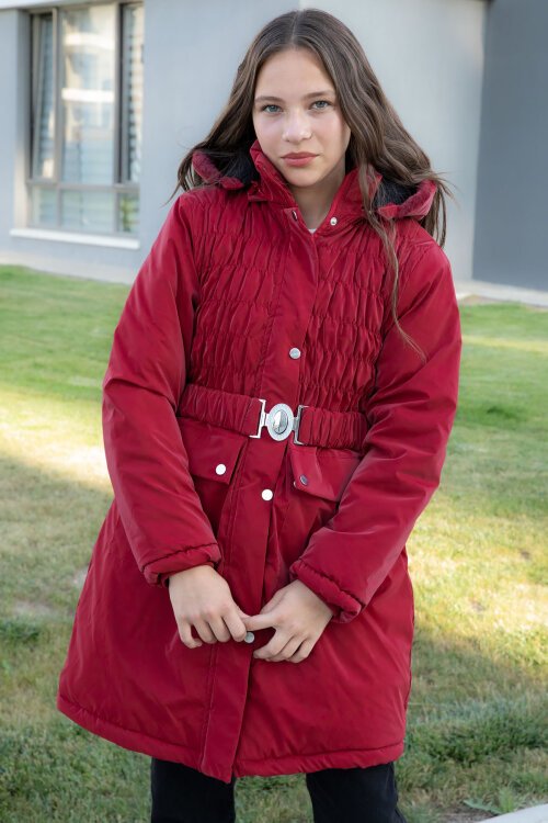 Bordo Kemerli Nubuk Kumaş Kız Çocuk İçi Kürklü Kapüşonlu Şişme Mont 21314