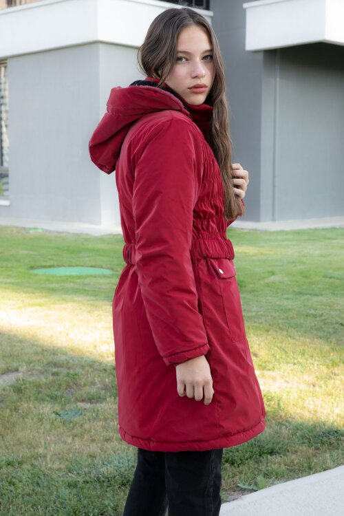 Bordo Kemerli Nubuk Kumaş Kız Çocuk İçi Kürklü Kapüşonlu Şişme Mont 21314